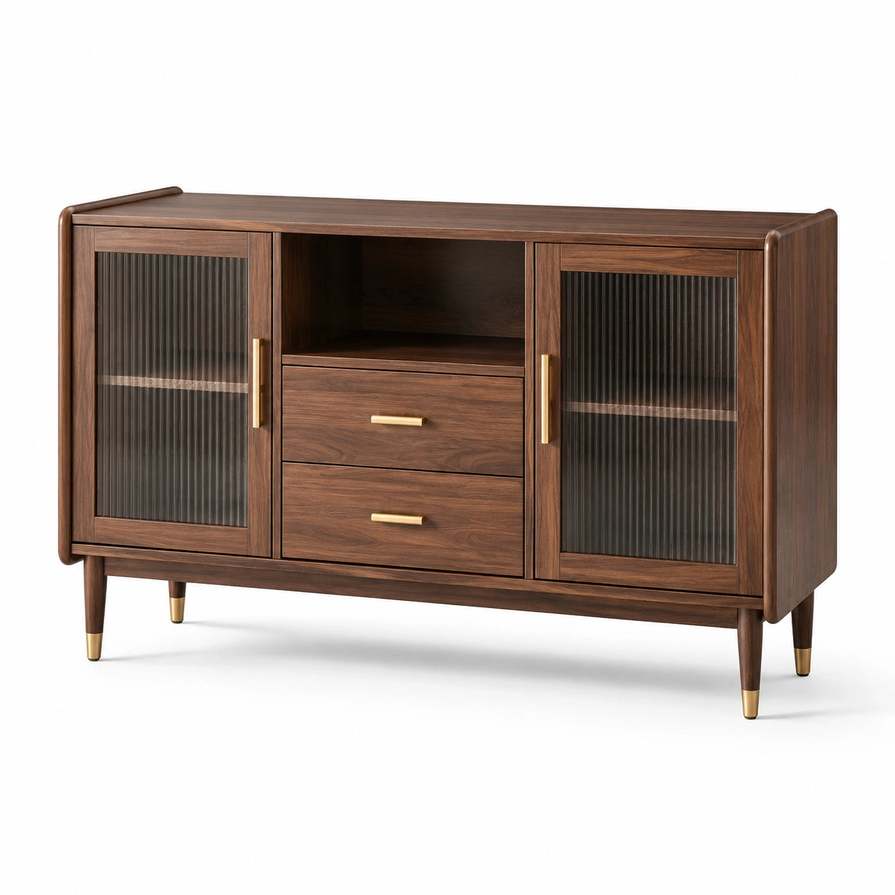 Sideboard aus Walnussholz mit Glas- und Schubladentüren, 140x40x80cm