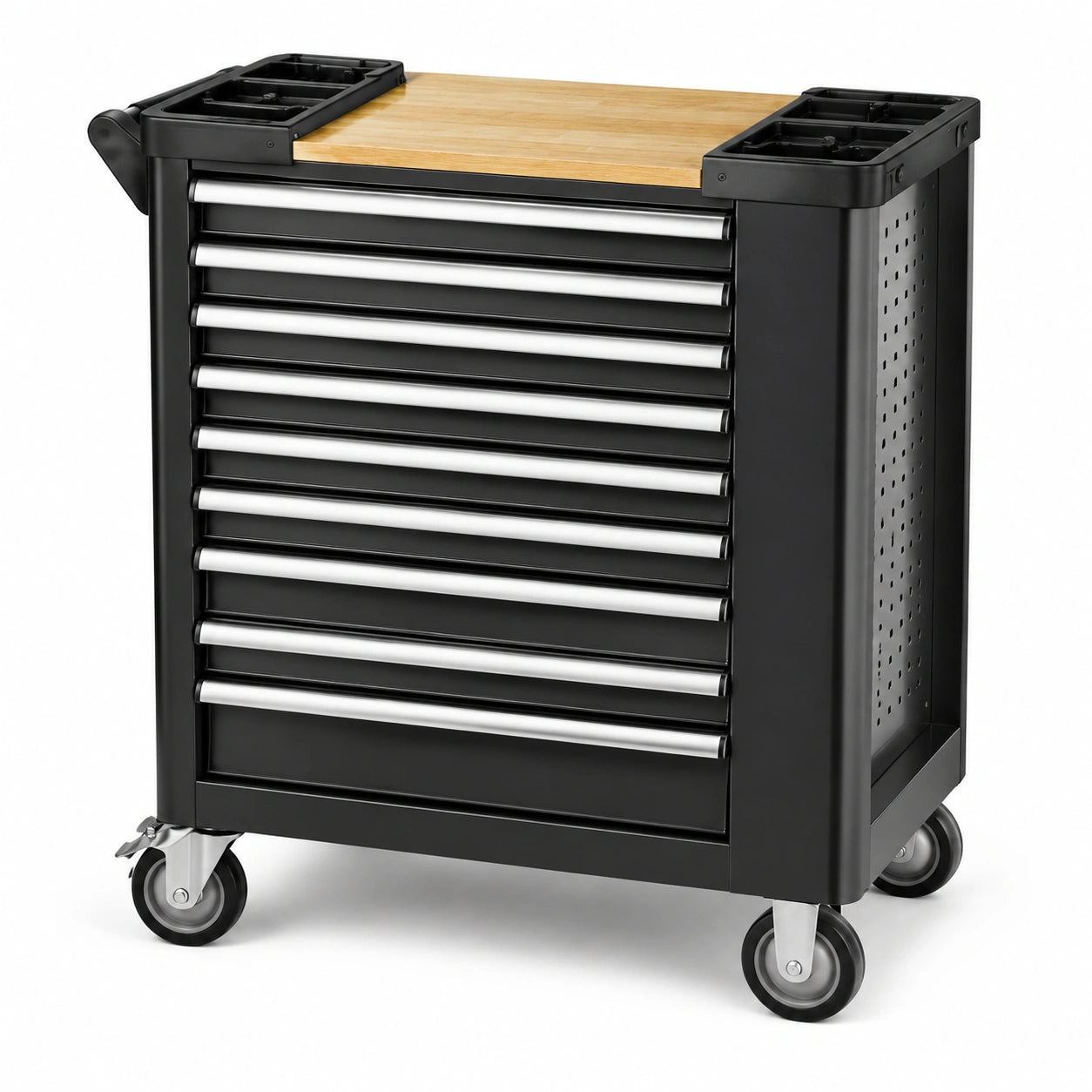 Stahl Werkzeugwagen mit 8 Schubladen und Holzoberfläche, Schwarz, 90 cm
