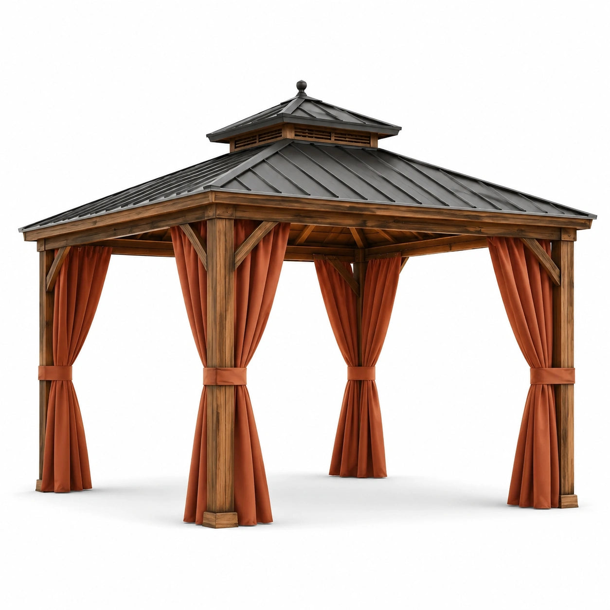 Holzpavillon mit Stahldach und Terrakotta-Vorhängen