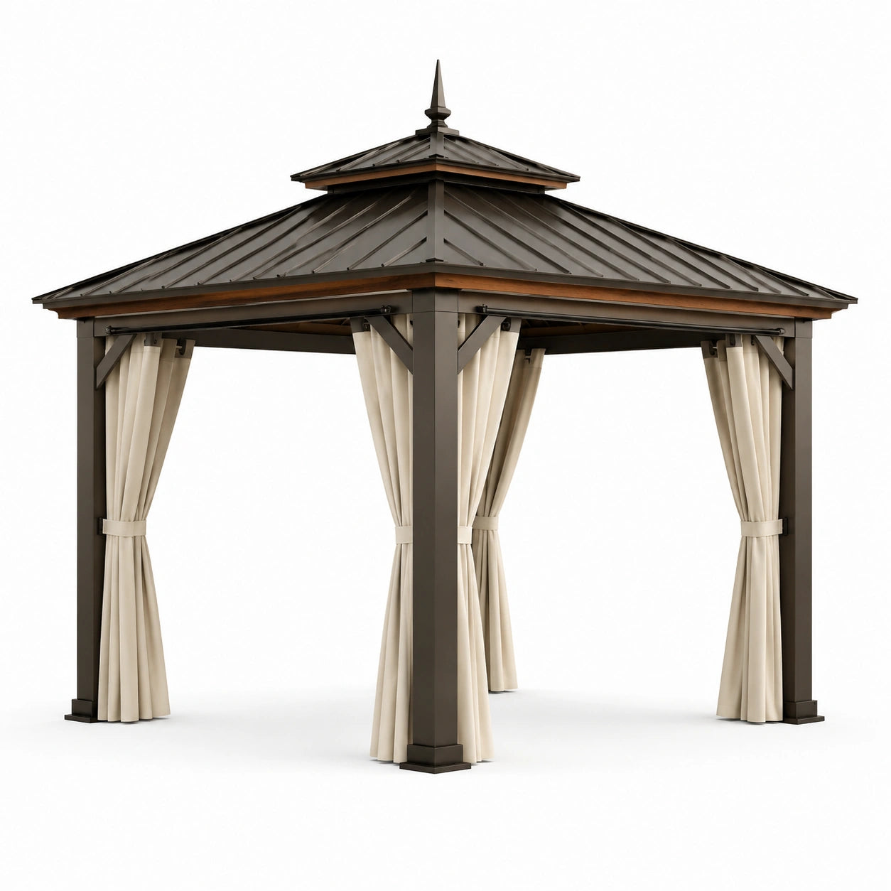 Gartenpavillon Stahl Braun 300x300cm mit Polyester Vorhängen