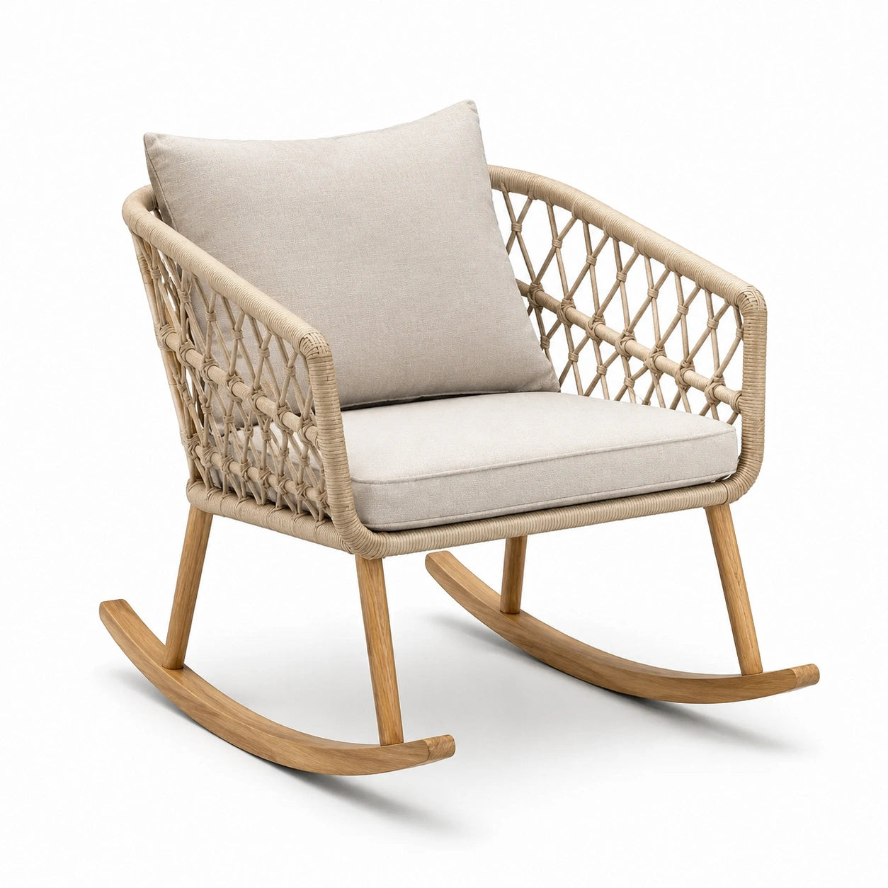 Schaukelstuhl aus Holz und Rattan mit Kissen, Beige